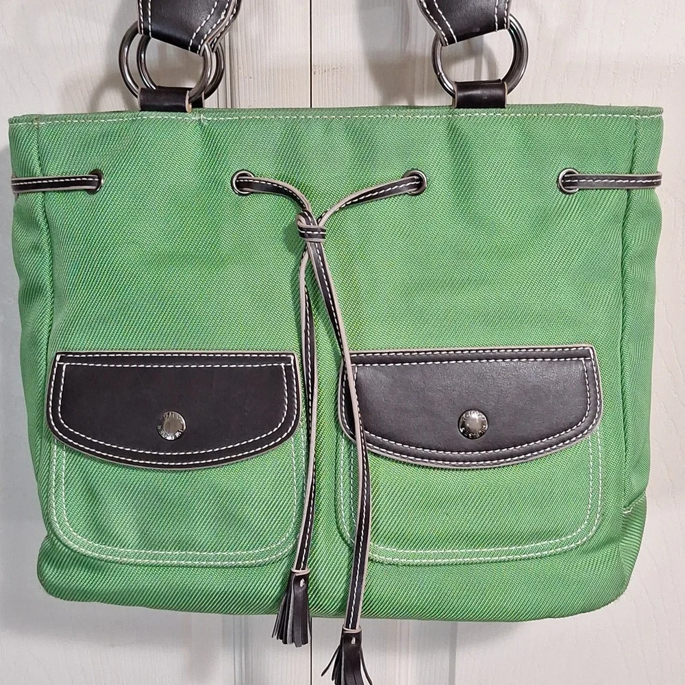 Vintage Tommy Hilfiger canvas handbag purse - green/brown leather - Picture 3 of 16
